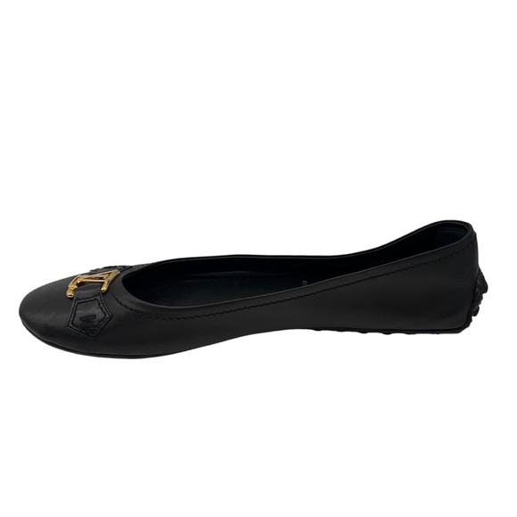 LOUIS VUITTON BLACK / GOLD LV LOGO HARDWARE LEATHER BALLET FLATS - Picture 3 of 8